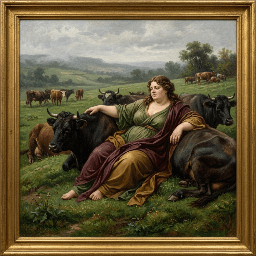 Woman reclining on grass surrounded by resting cows in a pastoral landscape